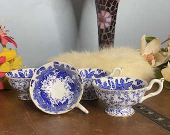 Coalport Blue & White Ceramic Tea Cups (4) - Chintz Blue Ivy Leaf Pattern - Set of 4 - Vintage Discontinued Teacup Replacements 4891A