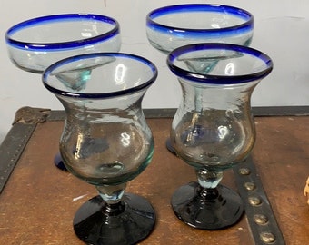 Vintage Hand Blown Glass Cups - Pontil Blue Rim Drinking Glasses - Home Barware, Drinkware. Cocktail Glasses