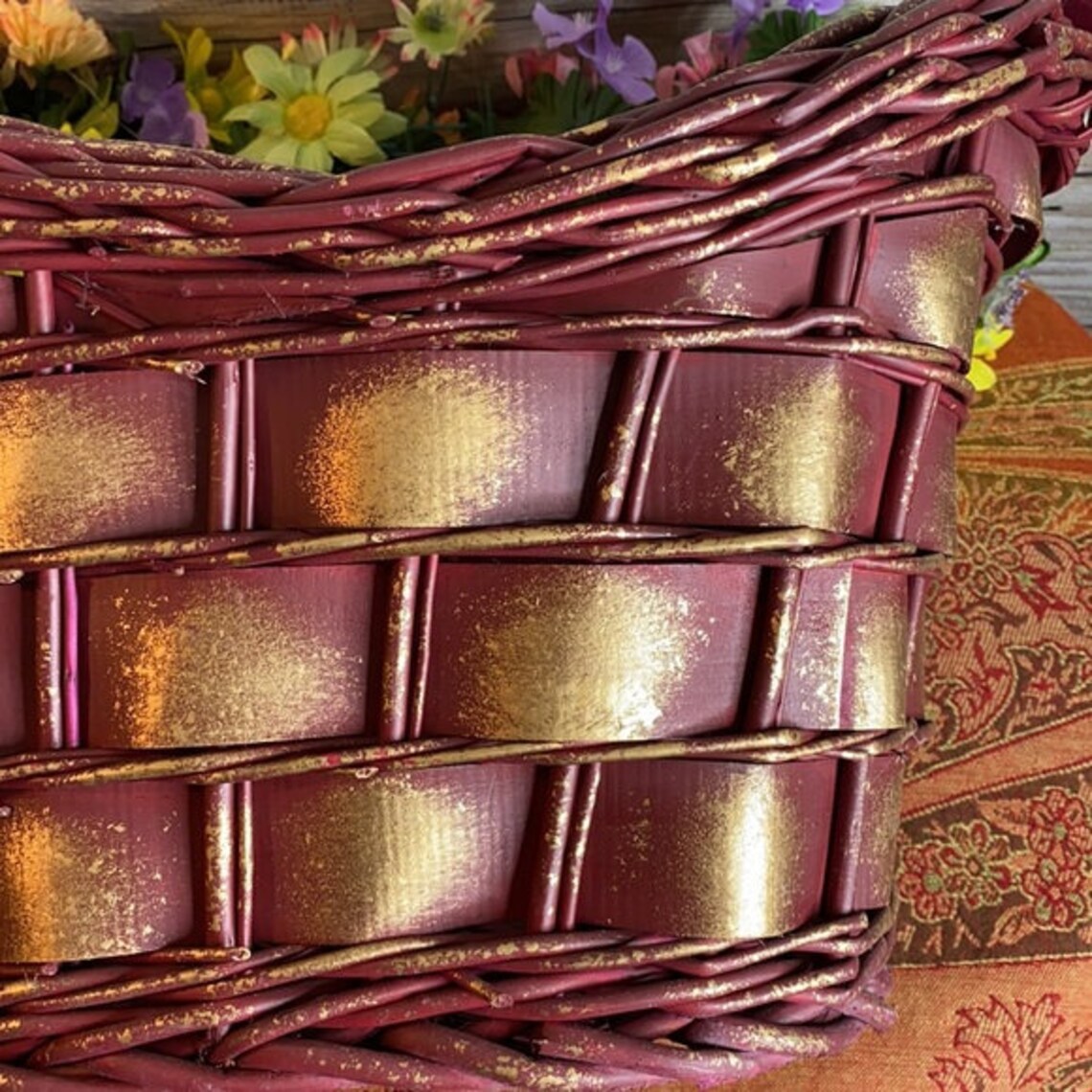 Large Burgundy & Gold Basket 18x12 Painted Woven Flat Etsy UK