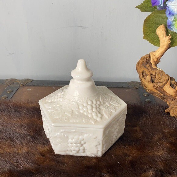 Vintage Imperial Glass Milk Glass Dish - White Lidded Dish with Grape Leaf Pattern - Compote, Trinket Box, Ring Dish, Candy Dish