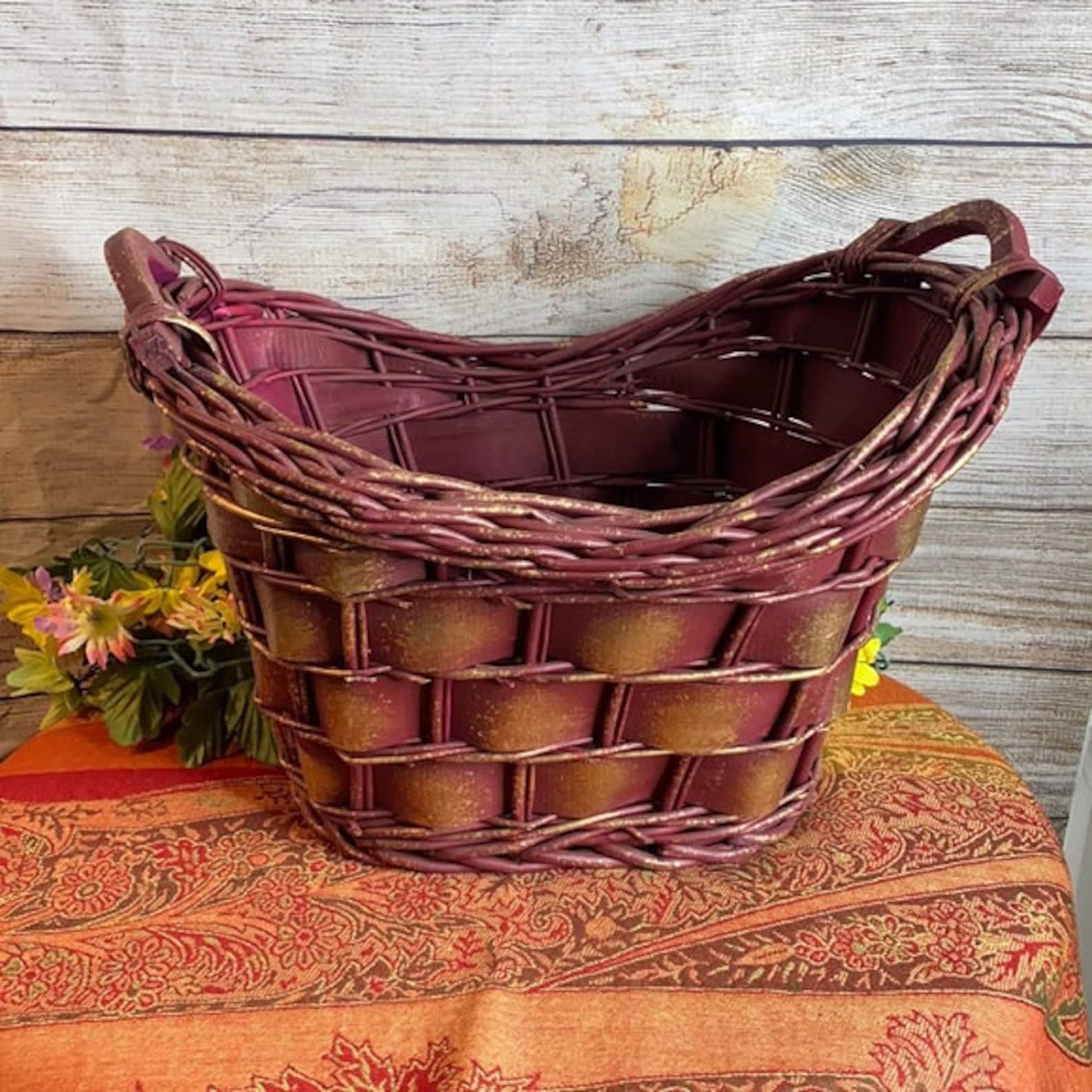 Large Burgundy & Gold Basket 18x12 Painted Woven Flat Etsy UK