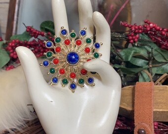 Vintage Sarah Coventry Sunburst Brooch - 1970's Colorful Carnival Stone Pin - Red, Blue, Green Stones Set - Gold Toned Costume Jewelry