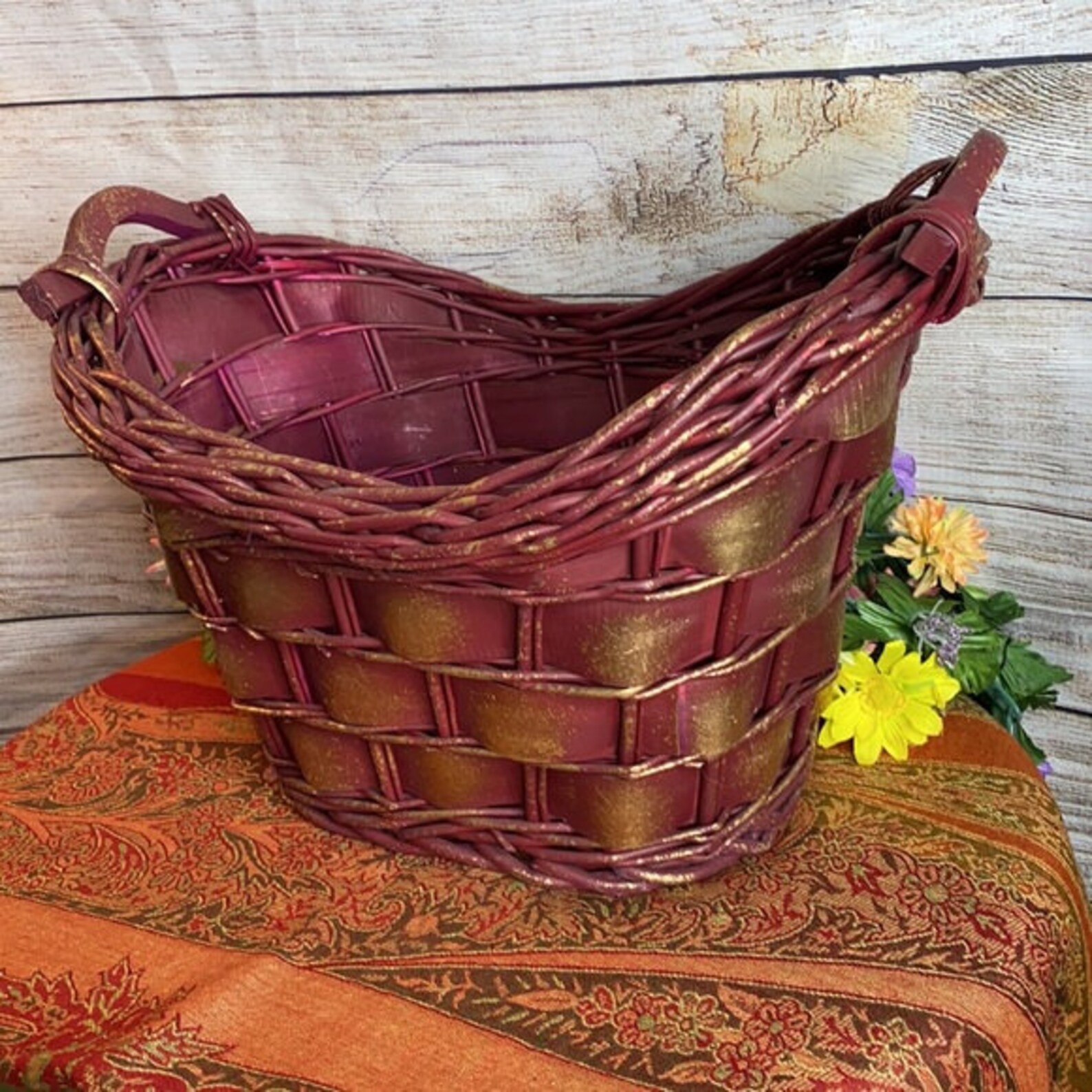 Large Burgundy & Gold Basket 18x12 Painted Woven Flat Etsy UK
