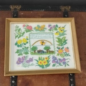 Vintage Embroidery Wall Art - Floral Alphabet Sampler - Framed Cross Stitch ABC Country Cottagecore Wall Decor
