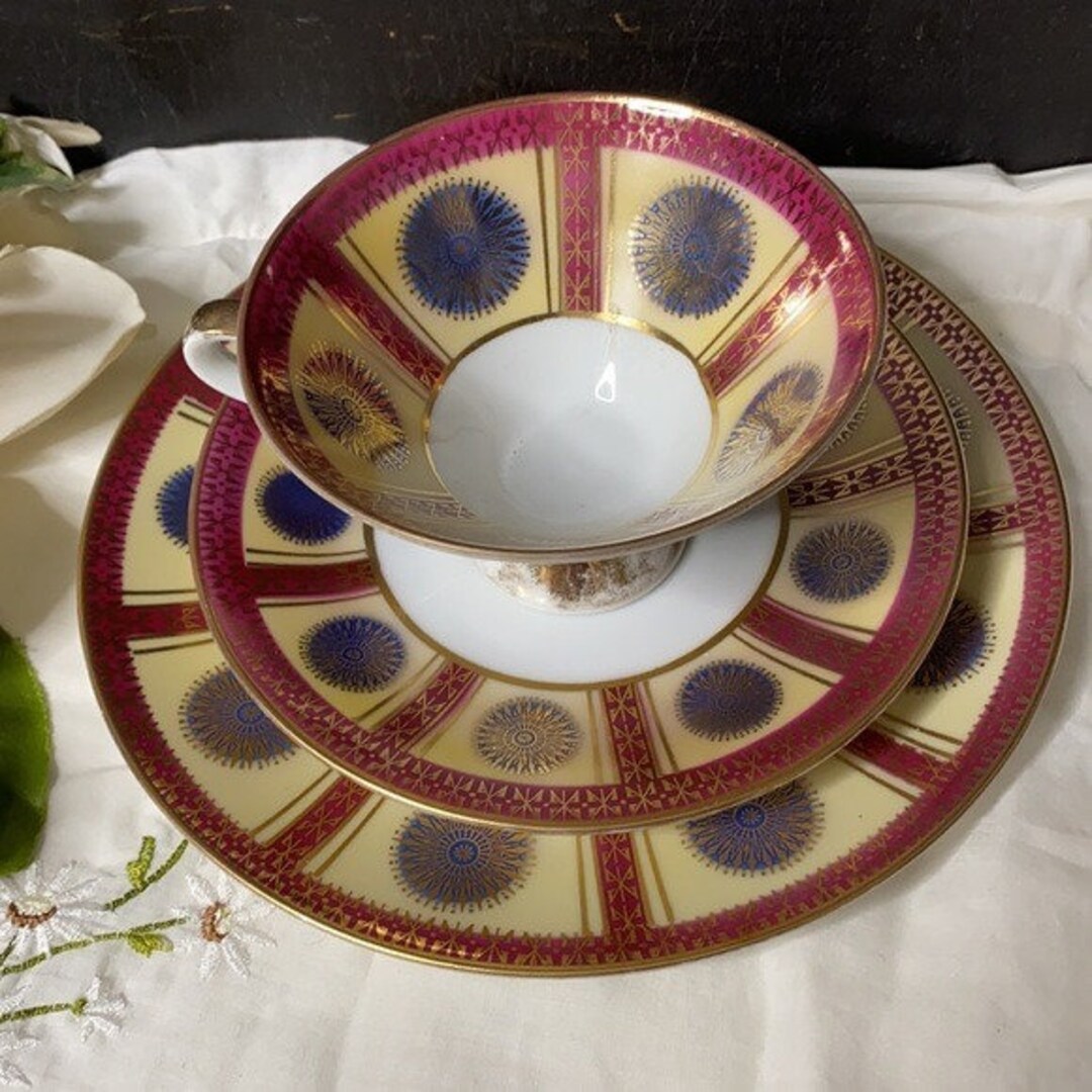 Vintage Bavaria Tea Cup, Saucer and Plate Set 3 Piece Set Burgundy Red
