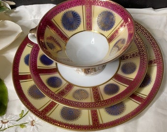 Vintage Bavaria Tea Cup, Saucer and Plate Set - 3 Piece Set - Burgundy Red & Gold Porcelain Tea Cup - Made in Bavaria #50