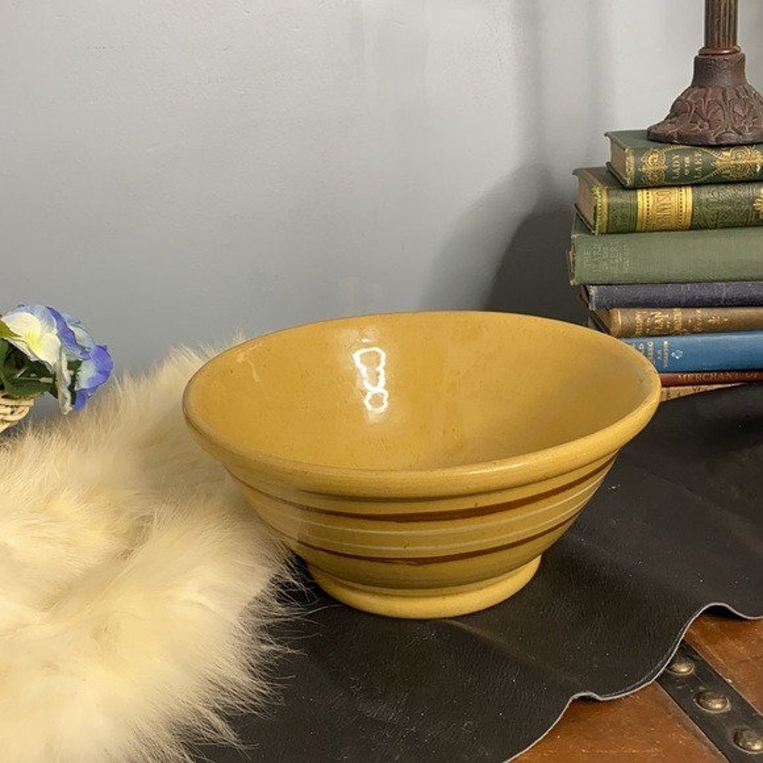 Vintage Large Ceramic Mixing Bowl Tan & Brown Striped Stoneware Mixing
