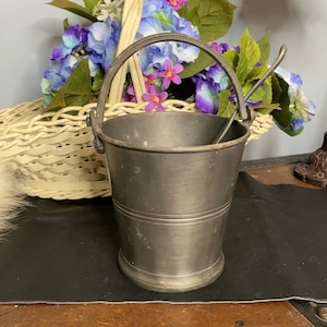 Vintage Pewter Bucket with Handle & Grated Spoon - Small 5&quot;x 5&quot; Serving Bucket - Made in Italy