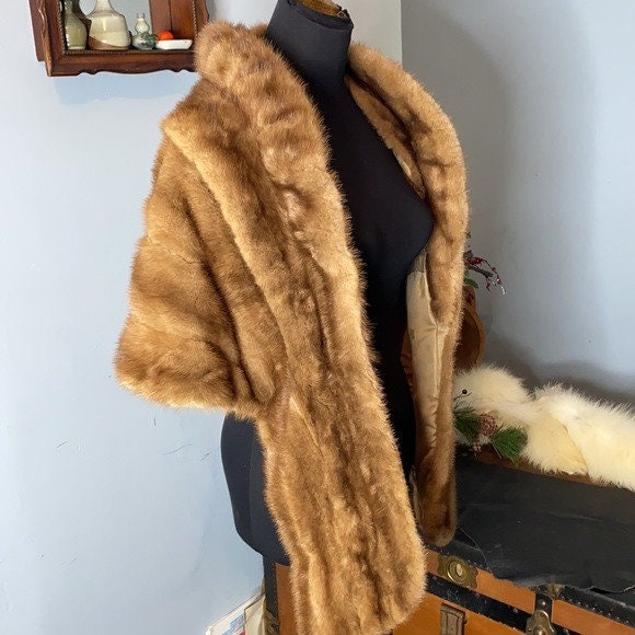 Vintage Projansky Fur Stole Cape - Tan Mink Lined Wrap Shawl