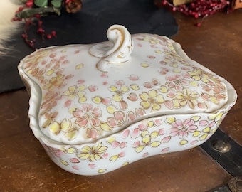 Vintage Floral Lidded Dish - Mara Trinket, Candy Dish with Lid - Antique Hand Painted Pink, Yellow Flower Pattern - Small Vanity Dish6"x2"