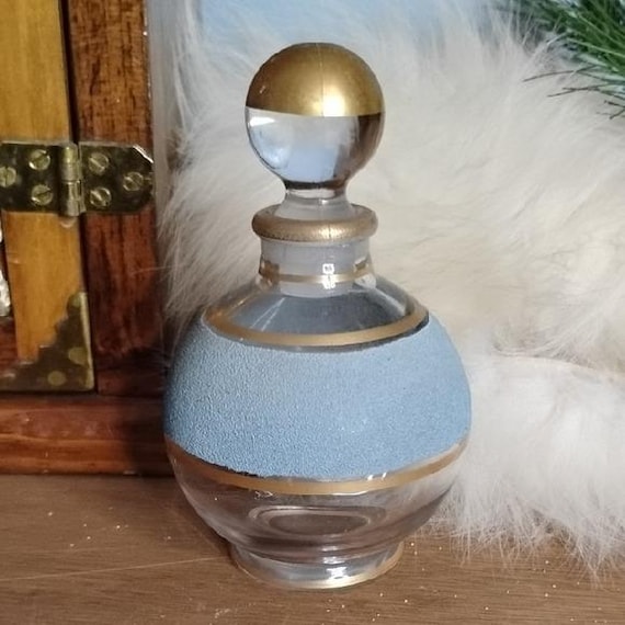 Vintage Elegant Gold Blue Glass Perfume Bottle Empty Round
