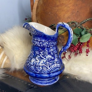 Vintage Blue Ceramic Pitcher - Hand Crafted Blue and White Water Pitcher Jug