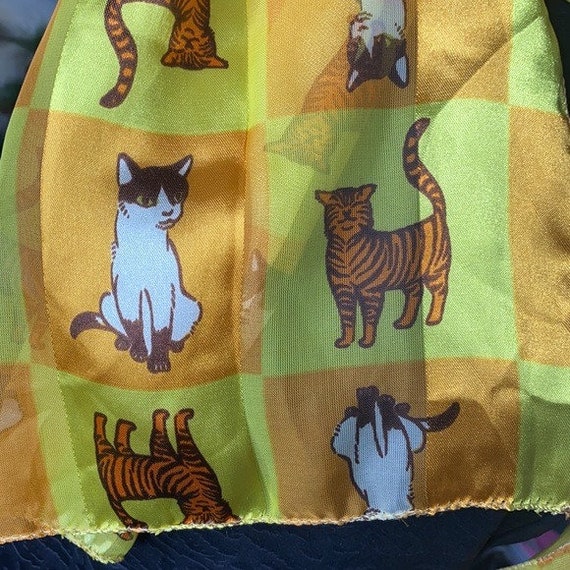Vintage Silky Cat Scarf - Colorful Orange, Yellow… - image 4