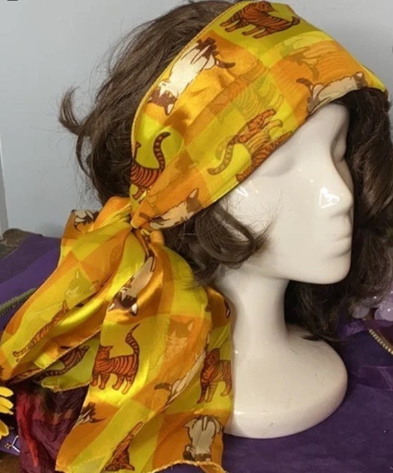 Vintage Silky Cat Scarf - Colorful Orange, Yellow… - image 5