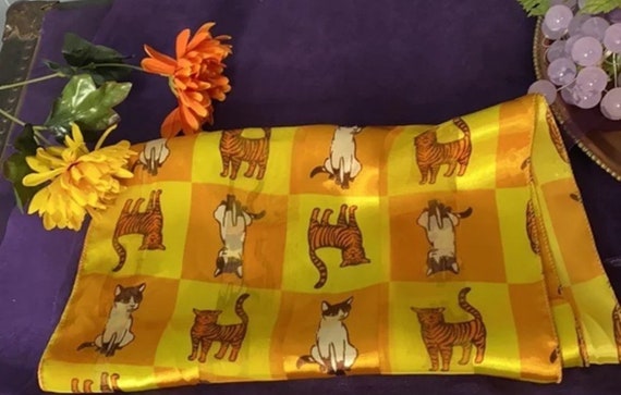 Vintage Silky Cat Scarf - Colorful Orange, Yellow… - image 6