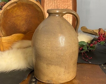 Vintage Antique Stoneware Jug - Large Tan Glazed Ceramic Pottery Crock Jug - Old Primitive Crock Jug, Whiskey Decanter Bottle