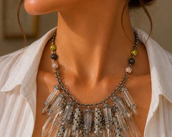 Vintage LOFT Statement Necklace, Crystal Spike Edgy Glam Bib Quartz Style Necklace, Gunmetal Chain Necklace, Boho Chic Jewelry