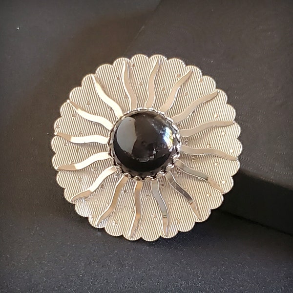 Vintage bold brooch Sarah Coventry sunburst brooch Black and silver pin Atomic Brooch Whimsigoth jewelry