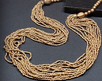 Vintage bronze color seed beaded necklace, gold multi strand necklace