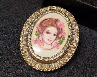 Vintage portrait oval brooch, Woman in pink flowers brooch, Art Deco style brooch