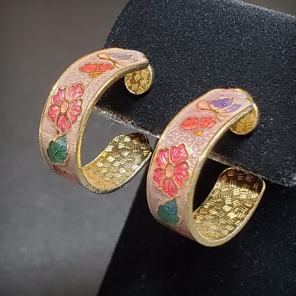 Cloisonne hoop earrings, vintage butterfly flower pink enamel earrings, stud hoop earrings