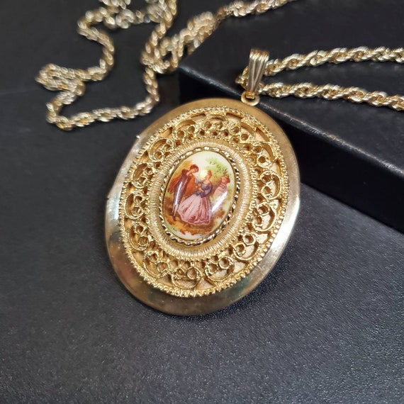 Vintage extra large oval locket necklace, French … - image 1