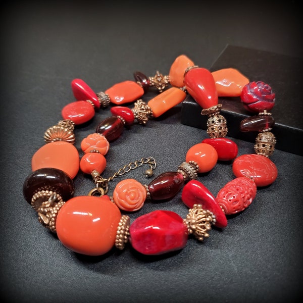 Vintage orange red mix beaded necklace, red coral, glass, porcelain, cinnabar beads 24'' long red necklace, Chunky beaded necklace