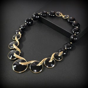 Vintage Trifari gold black necklace, statement bib necklace Rare find