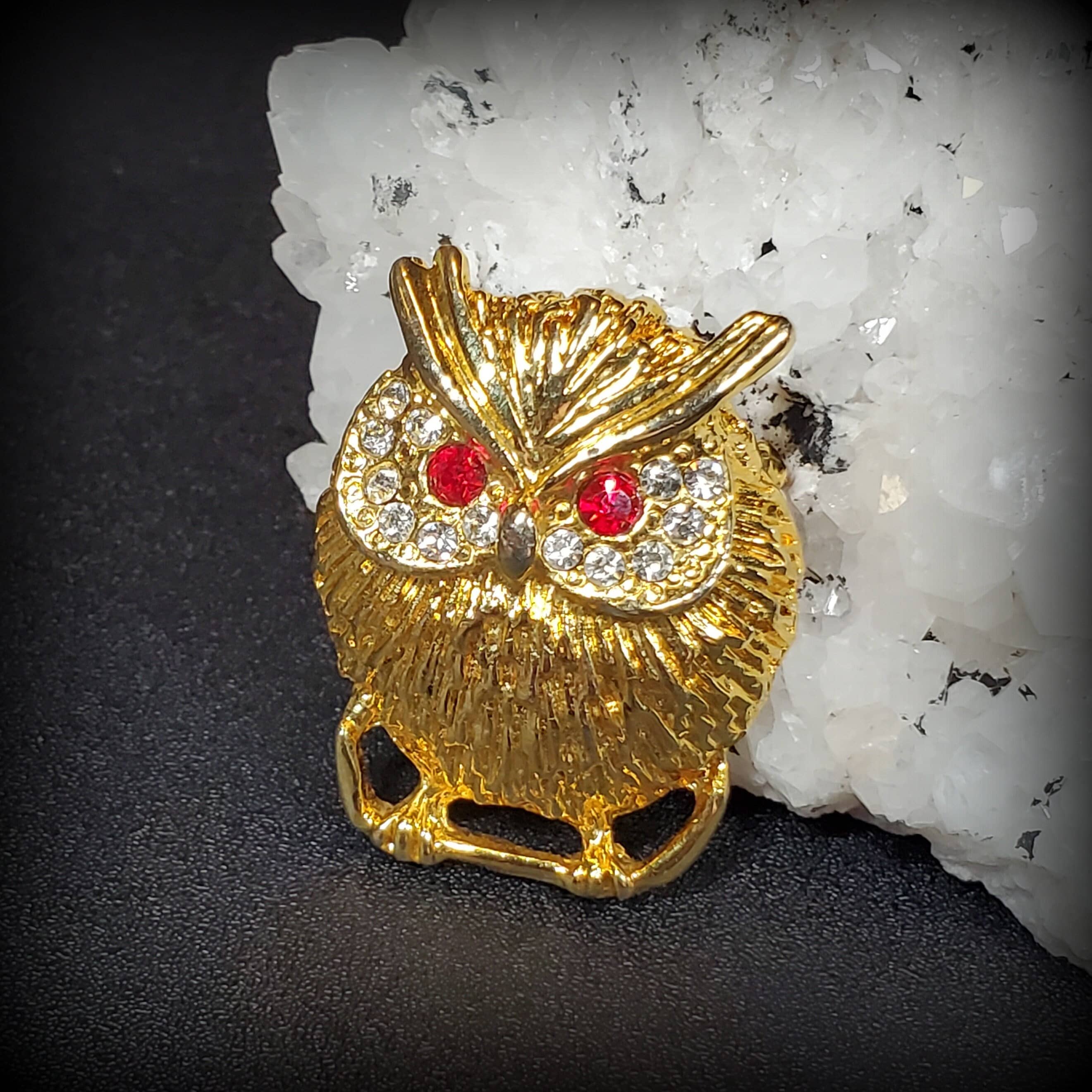Vintage gold owl brooch,  figural brooch, large Owl pin, red eye owl jewelry