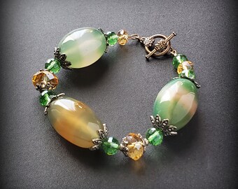 Vintage chunky agate bracelet, statement orange and green gemstone necklace, Chunky mix beaded boho bracelet