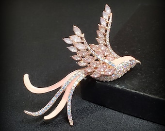 Vintage bird brooch, Ann Klein  bird pin, pink enamel and rhinestone brooch