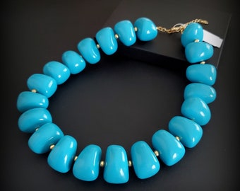 Vintage KJL jewelry blue necklace, Kenneth Jay Lane Faux turquoise lucite chunky beaded necklace