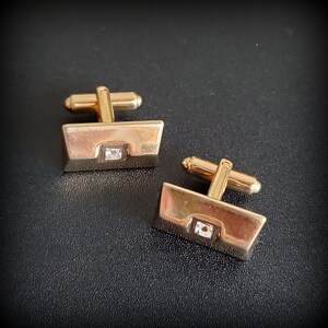 Vintage gold rectangular cufflinks,  Hickok cuff links with rhinestone, Father day gift  for him