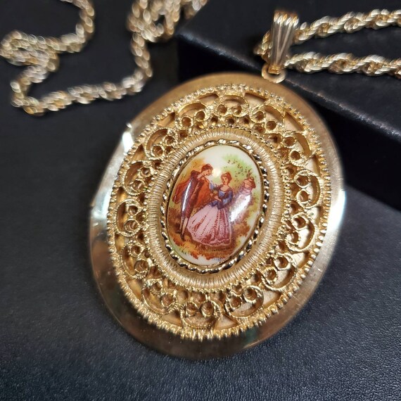 Vintage extra large oval locket necklace, French … - image 10
