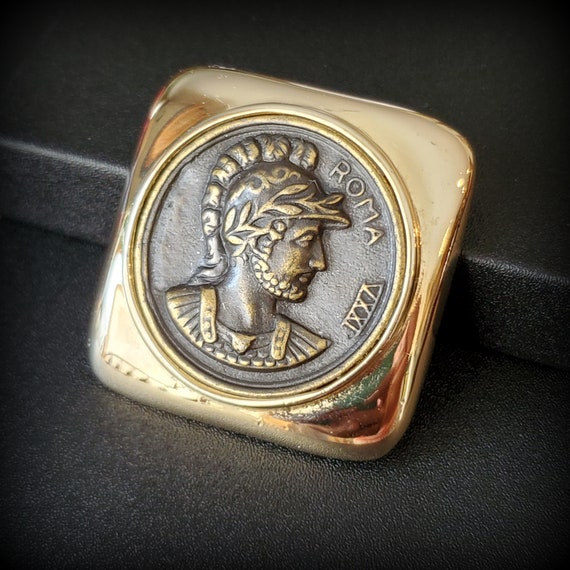 Vintage roman coin brooch, square gold tone pin fo