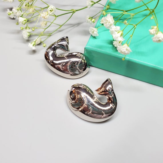 Vintage Trifari silver fish earrings, whale earri… - image 1