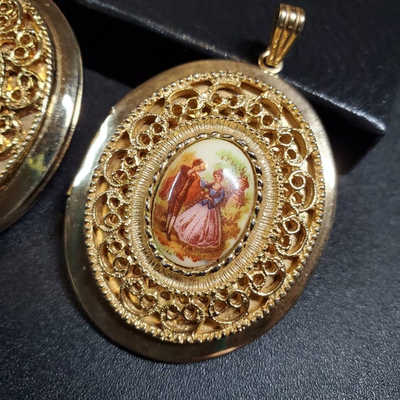 Vintage extra large oval locket necklace, French … - image 2