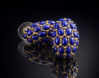 Vintage KJL Blue Cabochon Stud Earrings, Kenneth Jay Lane Statement Earrings, Cobalt Blue Dome Earrings, Designer Retro Glam Jewelry