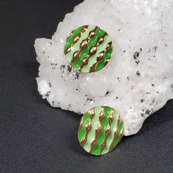 Vintage Crown Trifari clip on earrings Green gold… - image 2