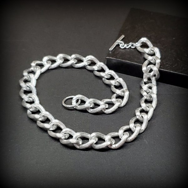 Vintage 90s silver chunky chain necklace, Brutalist wide chain necklace, thick chain necklace 18''