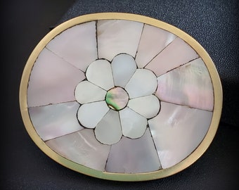 Vintage Mexico Mother of Pearl Flower Brooch Pin Pendant