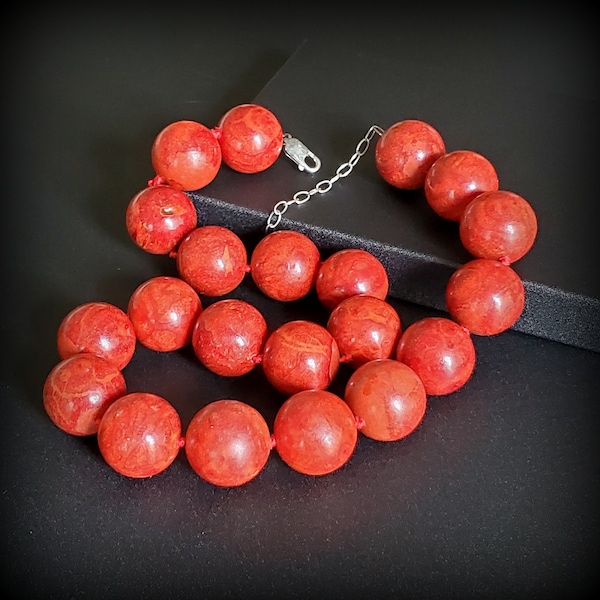 Vintage chunky red coral necklace, large natural Sponge Red Coral beaded necklace