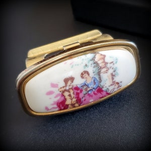Vintage lipstick mirror holder, Collectible Japan metal lipstick case holder, decol picture Lovely Couple In Garden