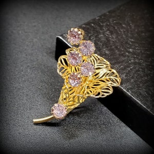 Vintage gold flower brooch with amethyst rhinestone cottagecore jewelry