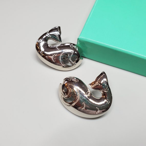 Vintage Trifari silver fish earrings, whale earri… - image 2