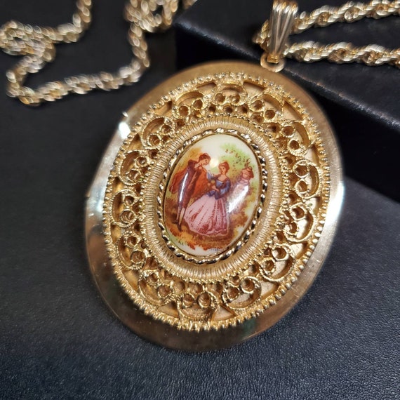 Vintage extra large oval locket necklace, French … - image 3