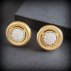 Vintage big gold round clip on earrings, extra large earrings with rhinestone, bold chunky modernist  non pierced earrings