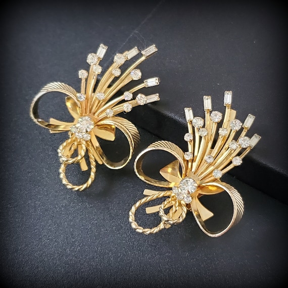 Vintage Sarah Coventry Clip on Earrings Bow Rhinestone Huge