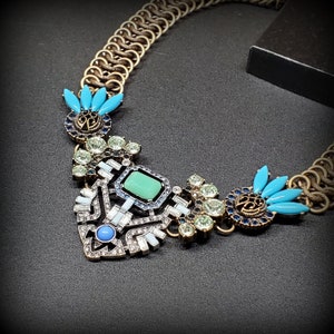 Vintage blue big bold bib necklace, Statement geometric link turquoise blue necklace