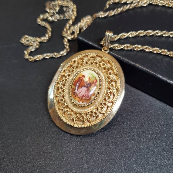 Vintage extra large oval locket necklace, French … - image 5